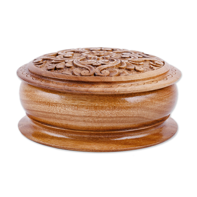 Wood jewellery box, 'Arcadia's Vision' - Hand-Carved Round Walnut Wood jewellery Box with Floral Motifs