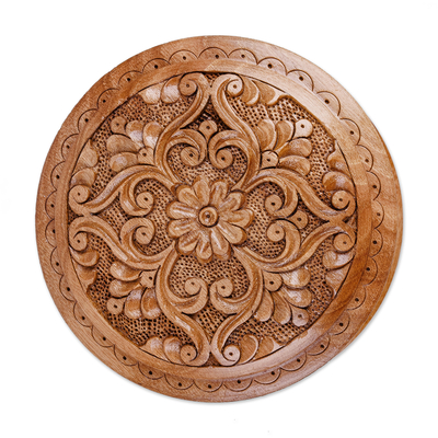 Wood jewellery box, 'Arcadia's Vision' - Hand-Carved Round Walnut Wood jewellery Box with Floral Motifs