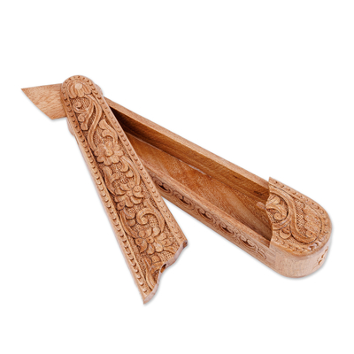 Wood puzzle box, 'Oblong Spring' - Traditional Floral Oblong-Shaped Elm Tree Wood Puzzle Box