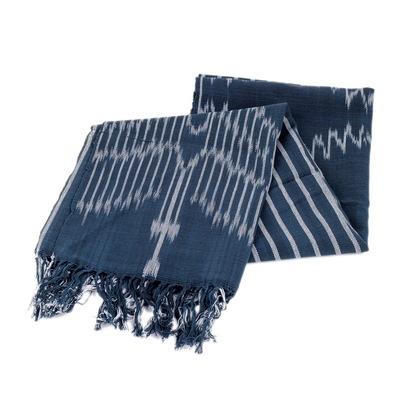 Cotton scarf, 'Uzbekistan Waterfall in Blue' - Handwoven Traditional Patterned Blue Cotton Scarf