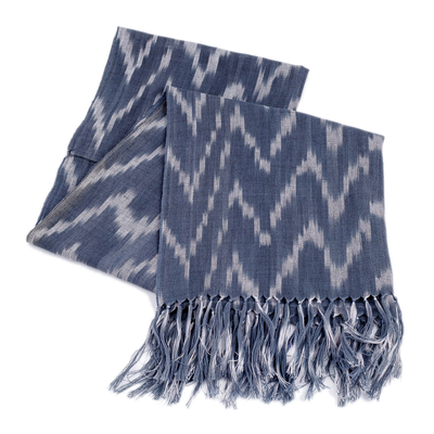Ikat cotton scarf, 'Blue Frequencies' - Handwoven Ikat Patterned Blue Cotton Scarf with Fringes