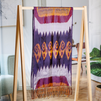 Pañuelo de seda ikat - Bufanda de seda púrpura y azul con estampado Ikat tejida a mano