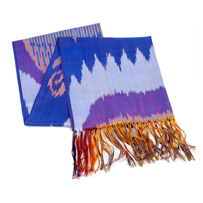 Ikat silk scarf, 'Royal Twilight' - Handwoven Ikat Patterned Purple and Blue Silk Scarf