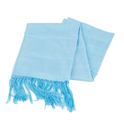 Silk scarf, 'The Blue Dame' - Handwoven Soft Blue 100% Silk Scarf with Fringes