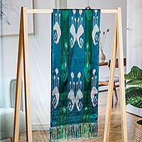 Ikat silk scarf, 'Lagoon Road' - Handloomed Turquoise and Green Ikat Patterned Silk Scarf