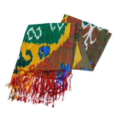 Ikat silk scarf, 'Kingdom Beauty' - Traditional Handwoven Colorful Ikat Patterned Silk Scarf