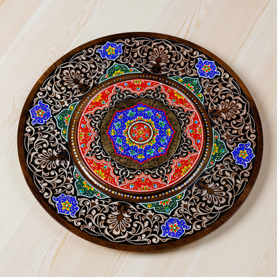 Wood wall art, 'Samarkand Treasure' - Handmade Lacquered Blue and Red Floral Walnut Wood Wall Art