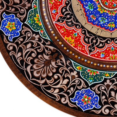 Wood wall art, 'Samarkand Treasure' - Handmade Lacquered Blue and Red Floral Walnut Wood Wall Art