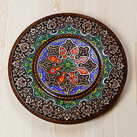 Holzwandkunst, „Samarkand Splendor“ – handgeschnitzte, lackierte, florale Wandkunst aus Walnussholz