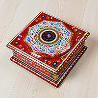 Wood and papier mache jewelry box, 'Floral Eden in White' - Floral Red and White Wood and Papier Mache Jewelry Box