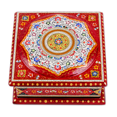 Wood and papier mache jewellery box, 'Floral Eden in White' - Floral Red and White Wood and Papier Mache jewellery Box