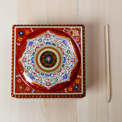 Wood and papier mache jewellery box, 'Floral Eden in White' - Floral Red and White Wood and Papier Mache jewellery Box