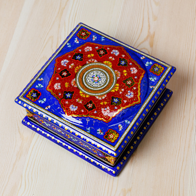 Wood and papier mache jewelry box, 'Floral Eden in Blue' - Floral Blue Walnut Wood and Papier Mache Jewelry Box