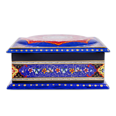 Wood and papier mache jewelry box, 'Floral Eden in Blue' - Floral Blue Walnut Wood and Papier Mache Jewelry Box