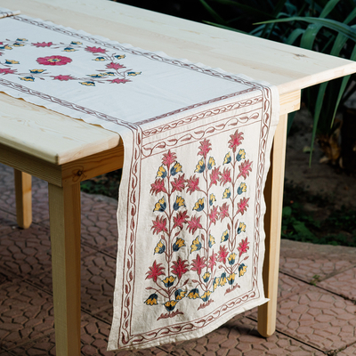 Embroidered cotton table runner, 'Chrysanths' - Embroidered Chrysanthemum-Themed Cotton Table Runner