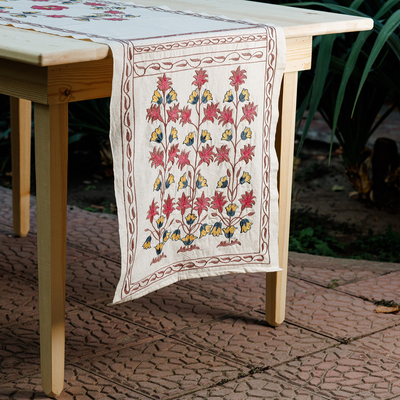 Camino de mesa de algodón bordado - Camino de mesa de algodón bordado con temática de crisantemo