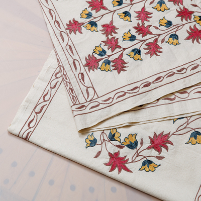 Embroidered cotton table runner, 'Chrysanths' - Embroidered Chrysanthemum-Themed Cotton Table Runner
