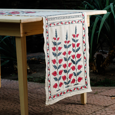 Embroidered cotton table runner, 'Pomegranates' - Embroidered Pomegranate-Themed Cotton Table Runner