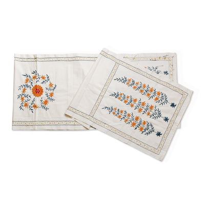 Embroidered cotton table runner, 'Jonquils' - Embroidered Jonquil-Themed Cotton Table Runner