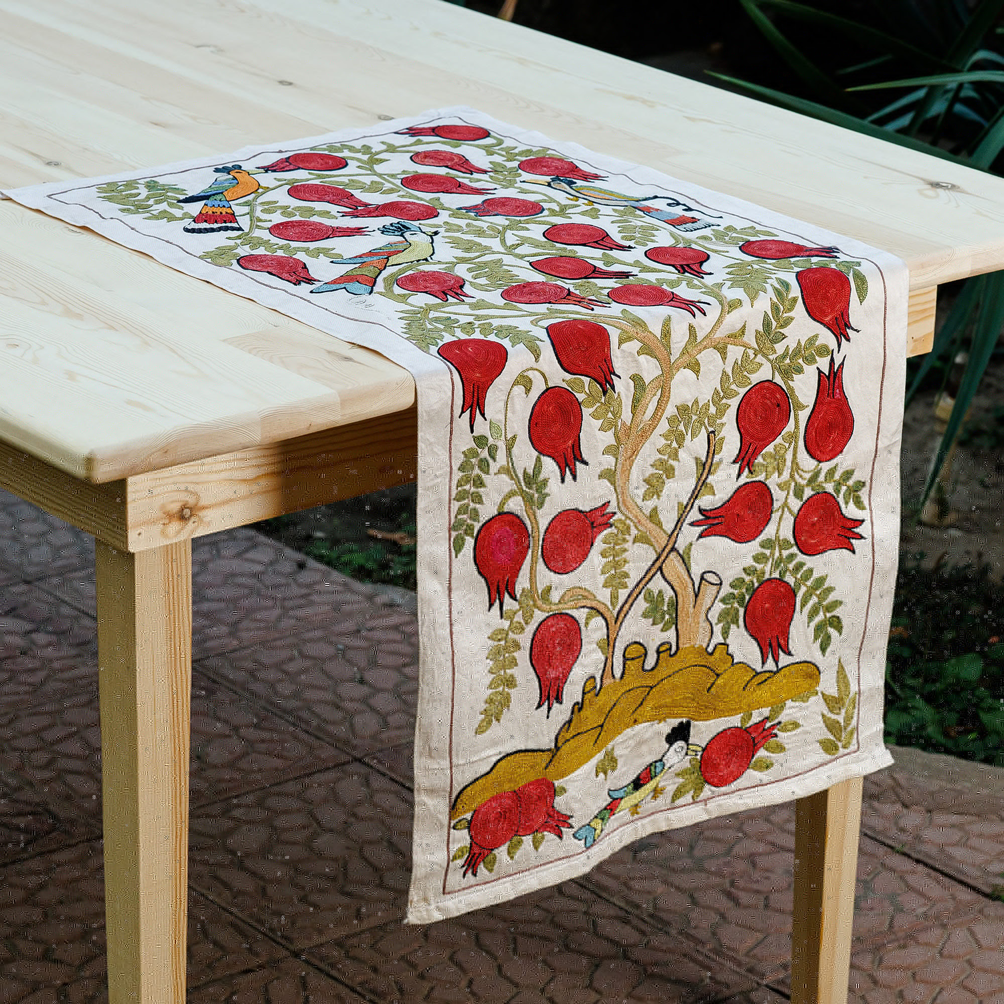 Embroidered cotton table runner, 'Passionate Nature' - Classic Suzani-Embroidered Pomegranate Cotton Table Runner