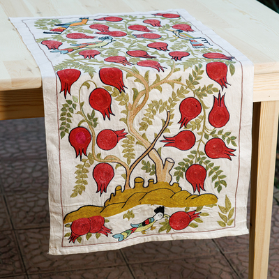 Camino de mesa de algodón bordado - Camino de mesa clásico de algodón granada con bordado Suzani