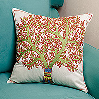 Funda de cojín de seda bordada, 'Árbol de Arcadia' - Funda de cojín de seda bordada con temática de árbol en verde y rojo