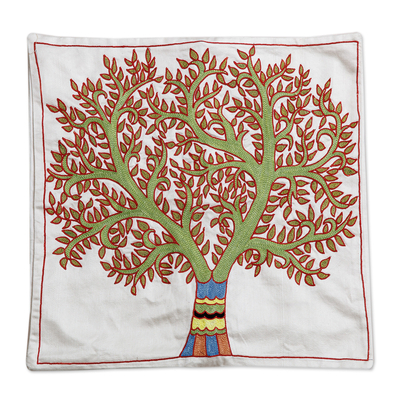 Funda de cojín de seda bordada - Funda de cojín de seda bordada con temática de árboles en verde y rojo