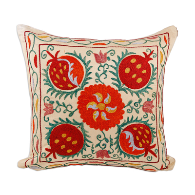 Embroidered silk cushion cover, 'Fruitful Passion' - Classic Embroidered Red and Green Silk Cushion Cover