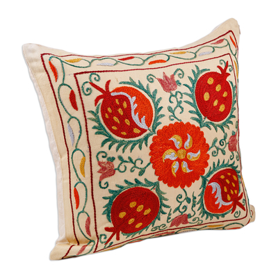 Embroidered silk cushion cover, 'Fruitful Passion' - Classic Embroidered Red and Green Silk Cushion Cover