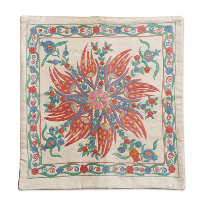 Embroidered silk cushion cover, 'Floral Deity' - Classic Floral Embroidered Blue and Red Silk Cushion Cover