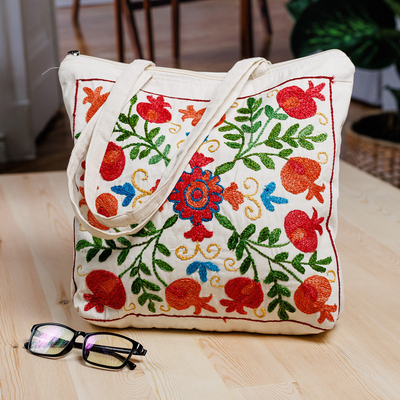 Embroidered cotton tote bag, 'Pomegranate Day' - Classic Pomegranate-Themed Embroidered Cotton Tote Bag