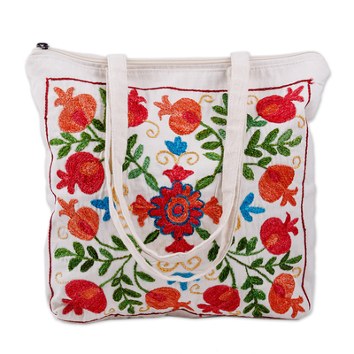 Embroidered cotton tote bag, 'Pomegranate Day' - Classic Pomegranate-Themed Embroidered Cotton Tote Bag
