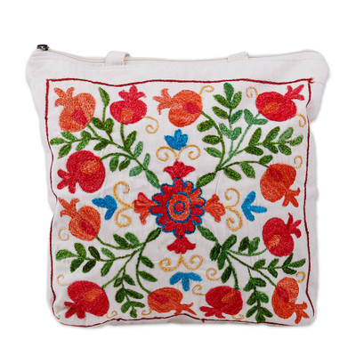 Embroidered cotton tote bag, 'Pomegranate Day' - Classic Pomegranate-Themed Embroidered Cotton Tote Bag