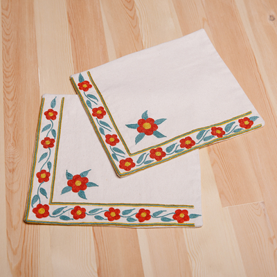 Embroidered cotton napkins, 'Lovely Daisy' (set of 2) - Set of 2 Embroidered Cotton Napkins in Red and Green Hues