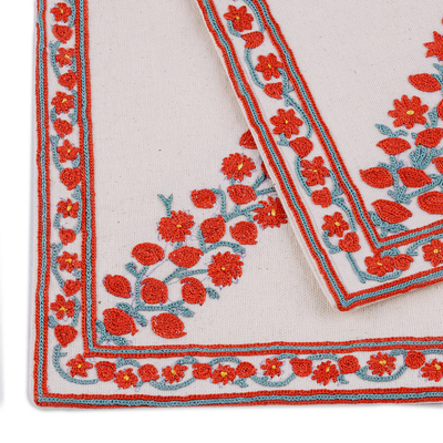 Embroidered cotton napkins, 'Spring of Romance' (set of 2) - Set of 2 Embroidered Cotton Napkins with Red Floral Pattern