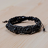 Agate beaded macrame wristband bracelet, 'Shambhala Love' - Agate Beaded Macrame Shambhala Style Bracelet in Black