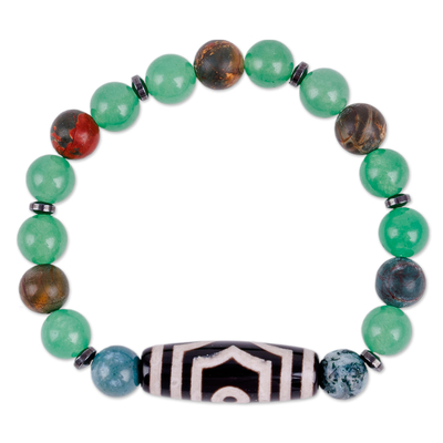 Multi-gemstone beaded stretch bracelet, 'Three-Eyed Dzi' - 3-Eyed Dzi Multi-Gemstone Beaded Stretch Pendant Bracelet
