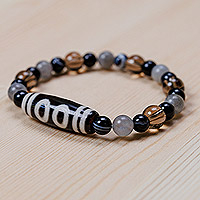 Multi-gemstone beaded stretch pendant bracelet, 'Five-Eyed Dzi' - 5-Eyed Dzi Multi-Gemstone Beaded Stretch Pendant Bracelet