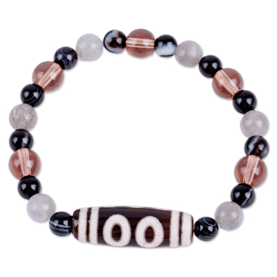 Multi-gemstone beaded stretch bracelet, 'Five-Eyed Dzi' - 5-Eyed Dzi Multi-Gemstone Beaded Stretch Pendant Bracelet