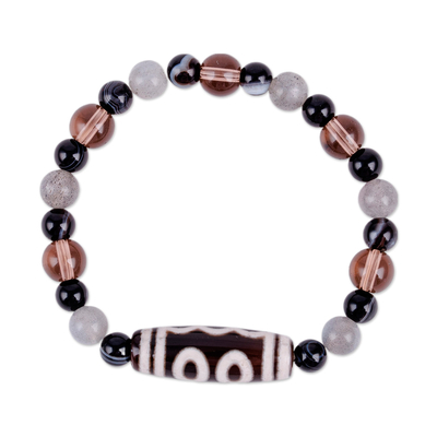 Multi-gemstone beaded stretch pendant bracelet, 'Five-Eyed Dzi' - 5-Eyed Dzi Multi-Gemstone Beaded Stretch Pendant Bracelet