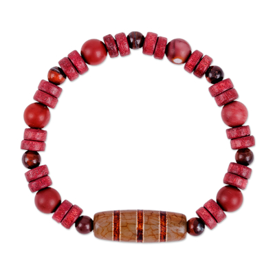 Multi-gemstone beaded stretch bracelet, 'Striped Dzi' - Striped Dzi Multi-Gemstone Beaded Stretch Pendant Bracelet