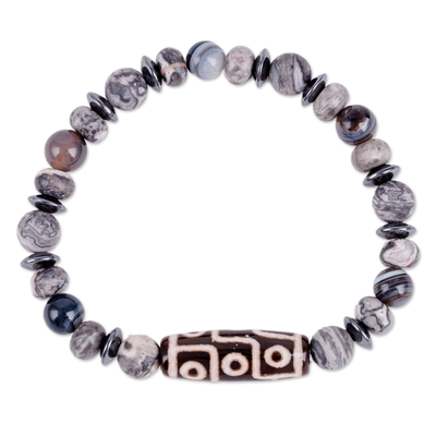 Multi-gemstone beaded stretch bracelet, 'Nine-Eyed Dzi' - 9-Eyed Dzi Multi-Gemstone Beaded Stretch Pendant Bracelet