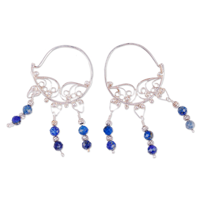 Lapis lazuli hoop chandelier earrings, 'Noble Nymph' - Polished Classic Lapis Lazuli Hoop Chandelier Earrings