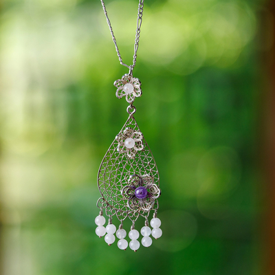 Amethyst and rose quartz filigree pendant necklace, 'Elysium Divinity' - Amethyst and Rose Quartz Floral Filigree Pendant Necklace