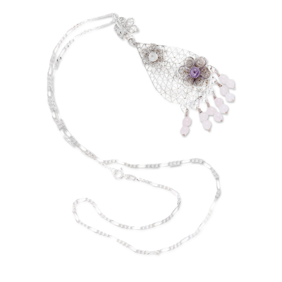 Halskette mit filigranem Anhänger aus Amethyst und Rosenquarz, „Elysium Divinity“ – Halskette mit floralem filigranem Anhänger aus Amethyst und Rosenquarz
