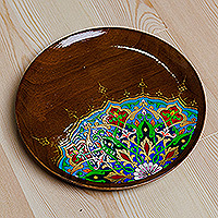 Wood wall art, 'Peacock's Essence' - Lacquered Peacock-Inspired Round Walnut Wood Wall Art