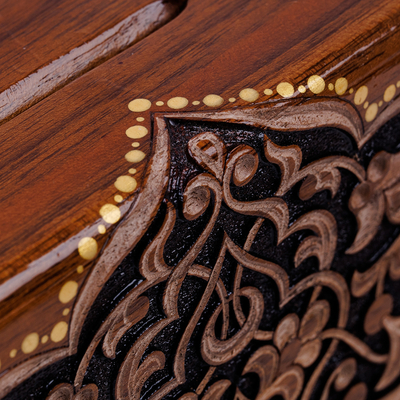Leather and wood sling bag, 'Sylvan Empress' - Hand-Carved Floral Walnut Wood Sling with Leather Straps