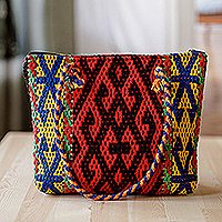 Handtasche aus Baumwolle und Wolle, „Flaming Traditions“ – klassische, farbenfrohe Handtasche aus Baumwolle und Wolle mit geometrischem Muster