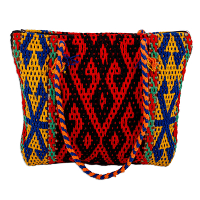 Cotton and wool handbag, 'Flaming Traditions' - Classic Geometric-Patterned Colorful Cotton and Wool Handbag