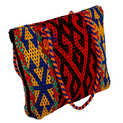 Cotton and wool handbag, 'Flaming Traditions' - Classic Geometric-Patterned colourful Cotton and Wool Handbag
